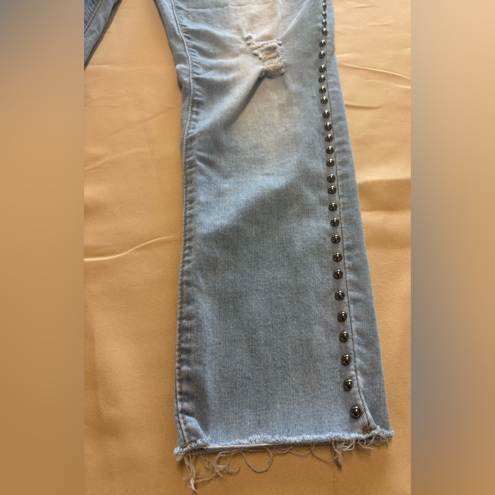 Women's Light Blue Distressed Skinny Jeans with Studded Details - Picture 15 of 15